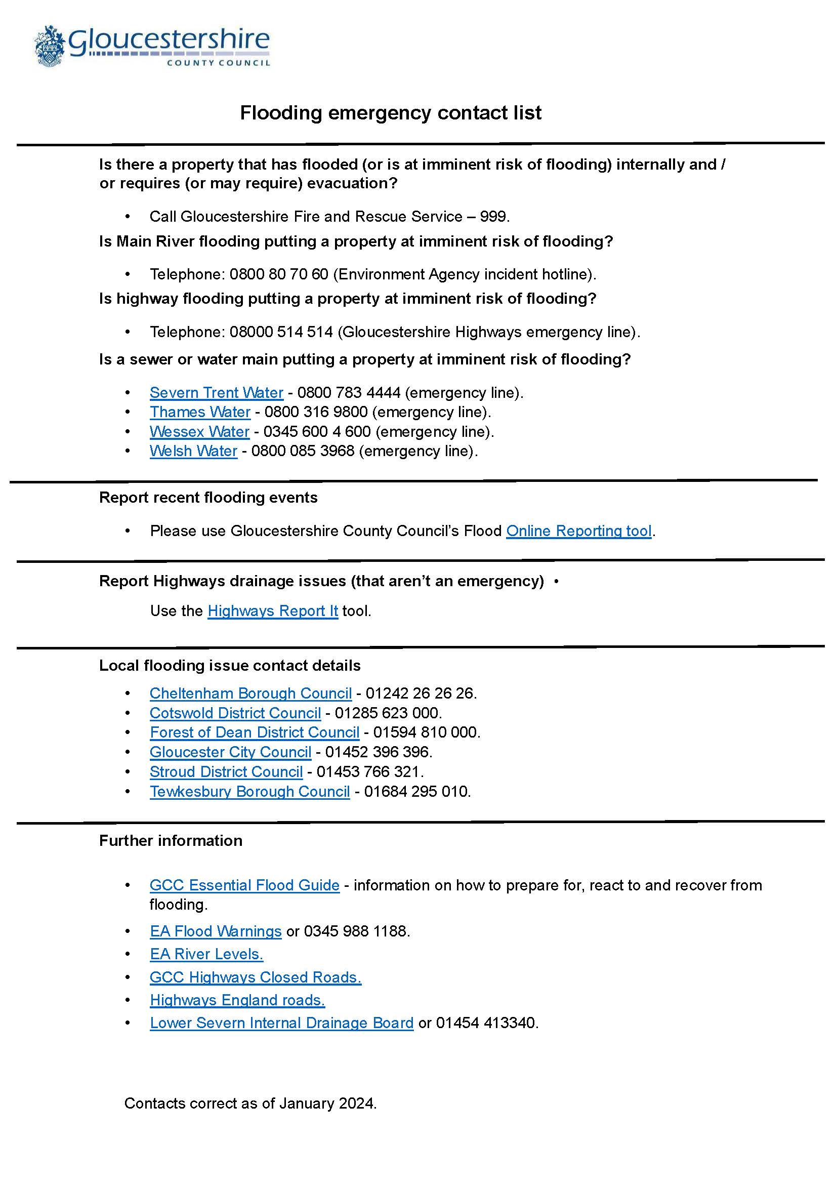 GCC Highways Flooding Emergency Contact List - Contact 08000514514 for emergency flood issues