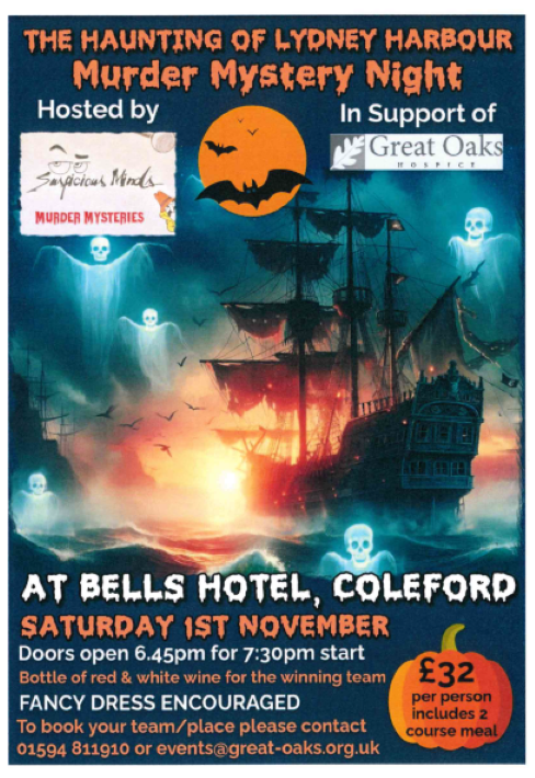 Murder Mystery Night in support of Great Oaks. Saturday 1st November at 6.45pm. £32 per person. events@great-oaks.org.uk