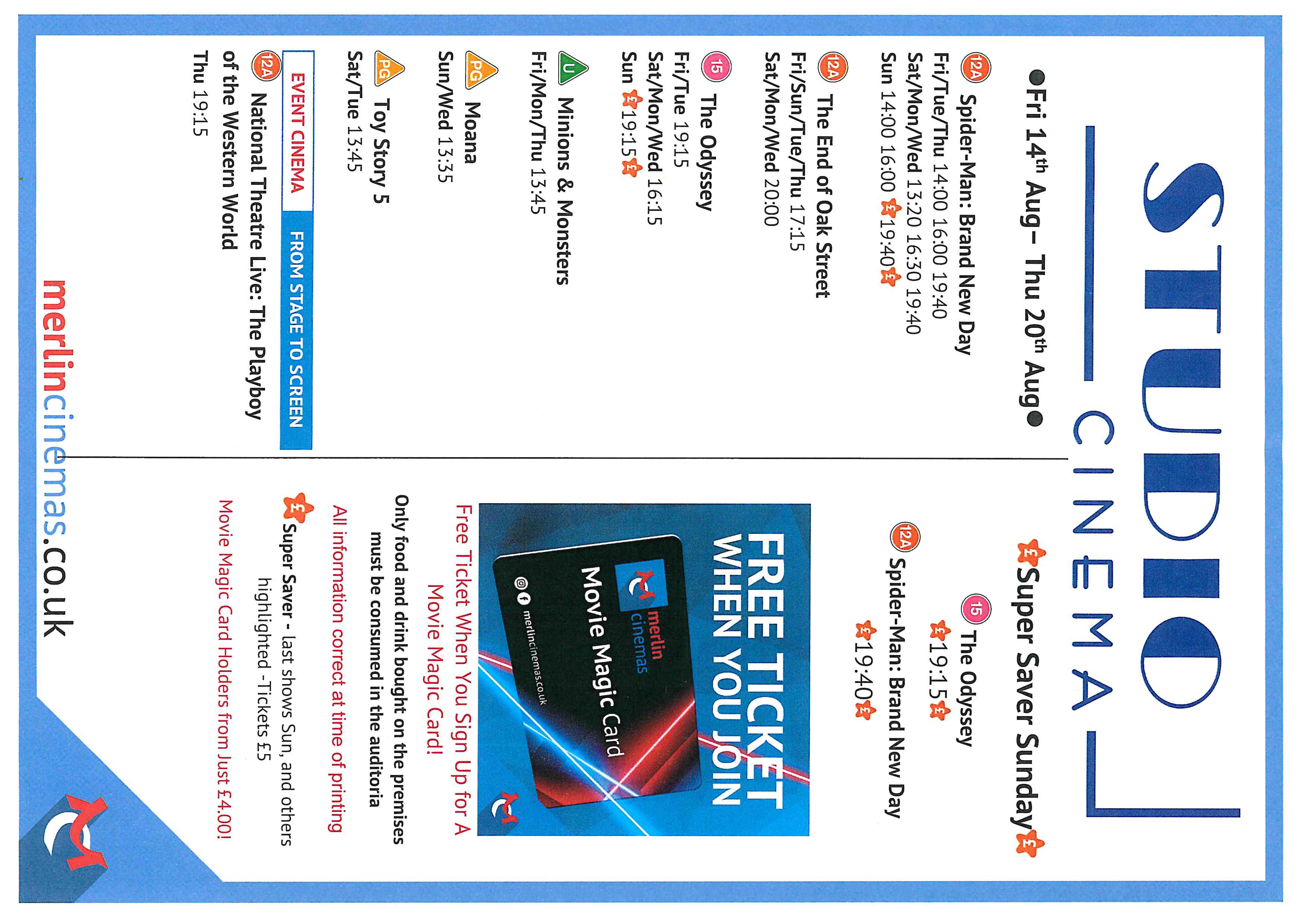 Studio Cinema Listings.14th August -20th August. 